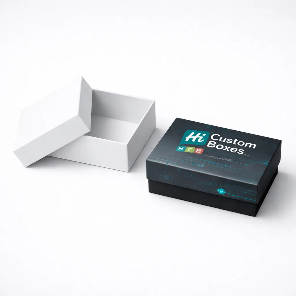 Two premium two-piece rigid boxes, one plain white and one black with custom blue branding. class=